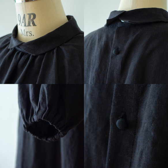 可愛捲袖法式亞麻 A 字連身裙，背部胡桃木紐帶：黑色 第10張的照片