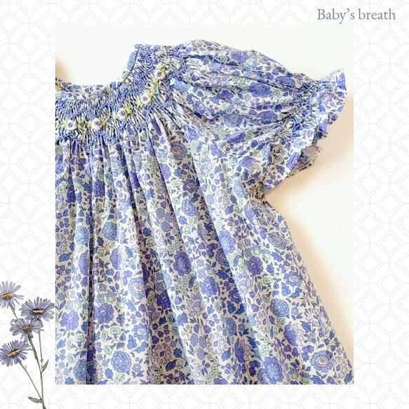 ハンドメイド子供服110cm リバティ生地スモッキング刺繍　ファーマーワンピース 110cm♕リバティ生地スモッキング刺繍ワンピース 子供服 baby's