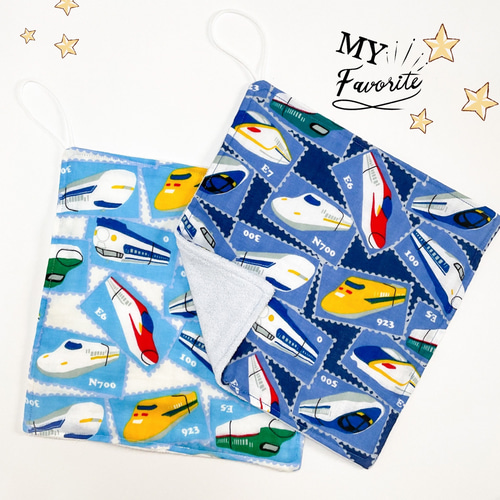 sale◇2枚セット♡ループ付きタオル ふんわりガーゼ 飛び出す新幹線柄  