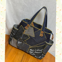 ☆ハンドメイド☆フリンジ☆岡山デニム4way♪あおりバッグ☆ポーチ付き ☆ハンドメイド♪ ＊Mサイズ☆岡山デニム4way♪あおりバッグ