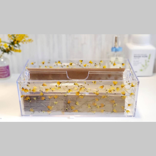 花のある暮らし。押し花メラスフェルラ、ペーパータオルケース