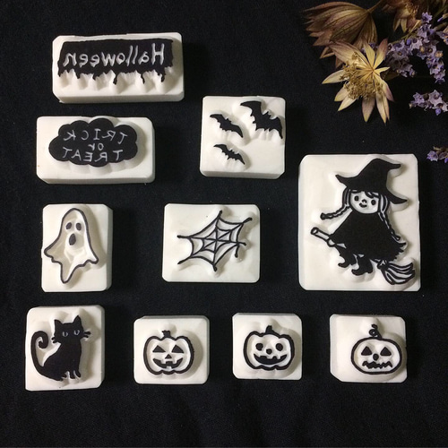 ハロウィンの消しゴムはんこセット②＊ホウキで飛ぶ魔女の子 はんこ