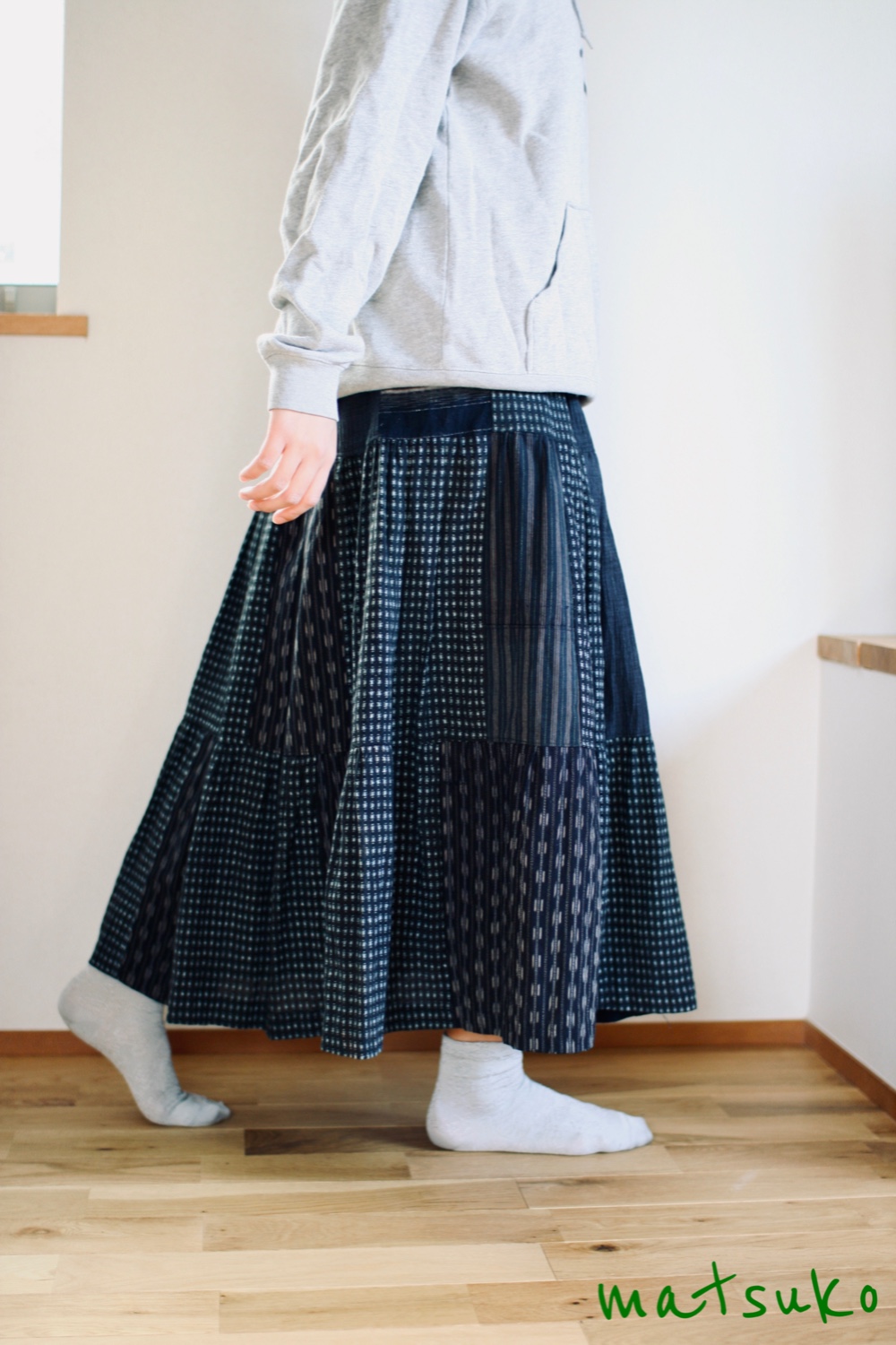 千愛の森　手作りハンドメイド藍染古布大魚個性スカート