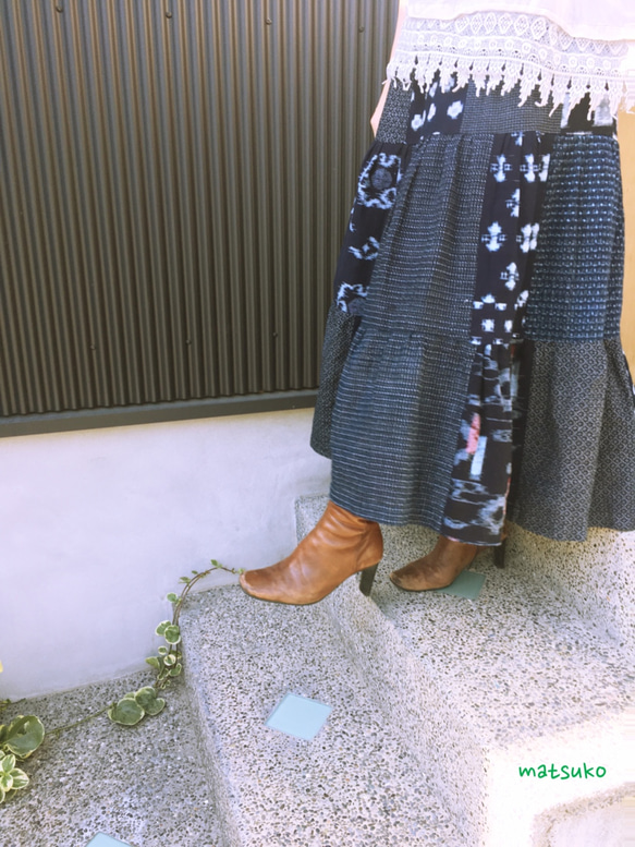 着物リメイク絣パッチワーク キャミソールジャンパースカート
