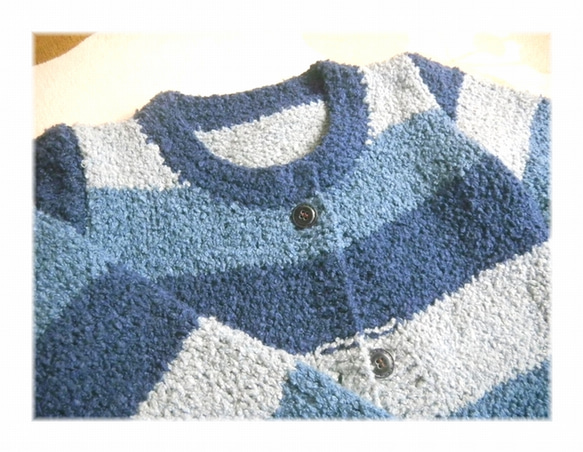 手編み 厚め シルクデニムのボーダーカーディガン 1枚目の画像