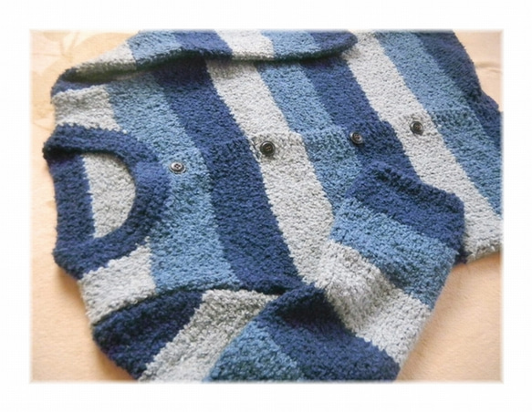 手編み 厚め シルクデニムのボーダーカーディガン 4枚目の画像