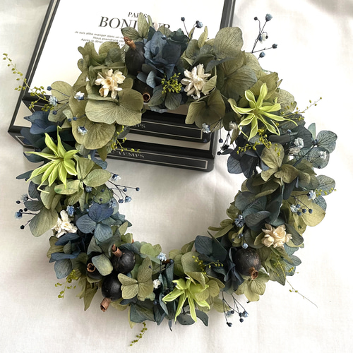 再販】15cm＊ブラックベリーのラベンダーグリーンリース＊プリザーブド  