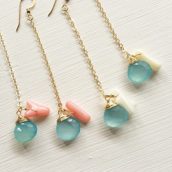 Sea blue Chalcedony & coral Earrings 1枚目の画像