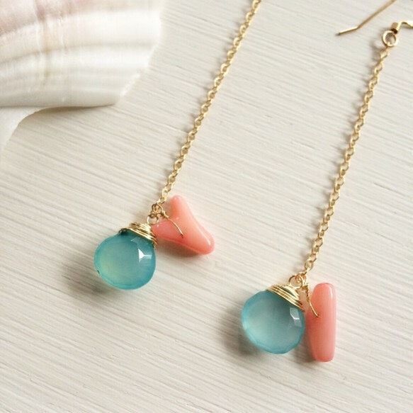 Sea blue Chalcedony & coral Earrings 5枚目の画像