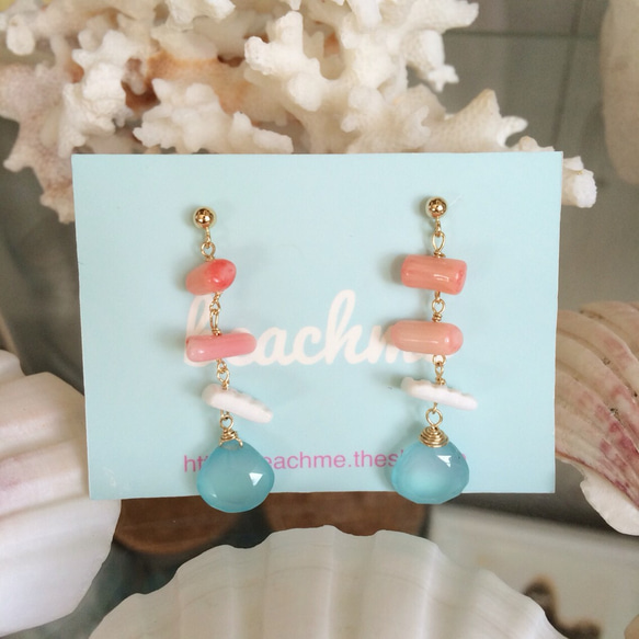 ♡SALE♡ Seablue chalcedony & pink coral earrings 1枚目の画像