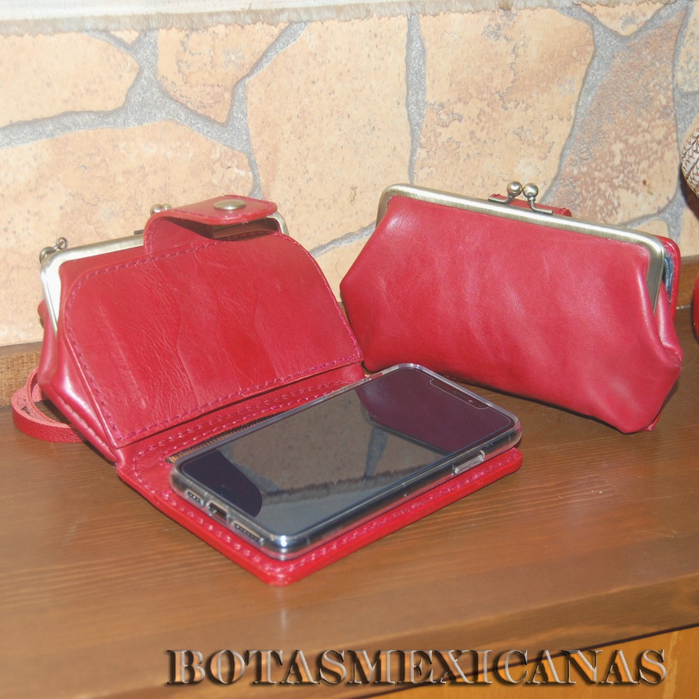 本牛革 がま口付き スマホケース カード収納 (レッド)