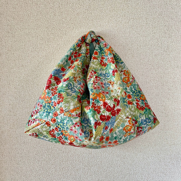 あずま袋(花柄×先染グリーン） 1枚目の画像