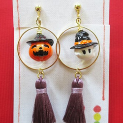 ハロウィンかぼちゃとお化けのイヤリング３（タッセルつき） 1枚目の画像