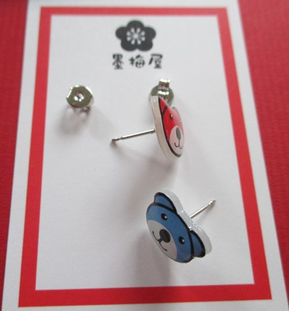 【銷售】熊耳環（紅×藍） 第2張的照片
