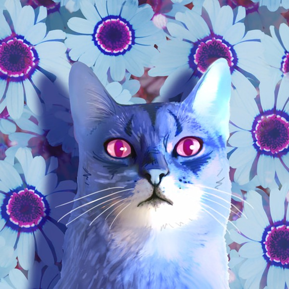 青い花と青い猫 スマホケース（ハードケース全面プリント） 2枚目の画像