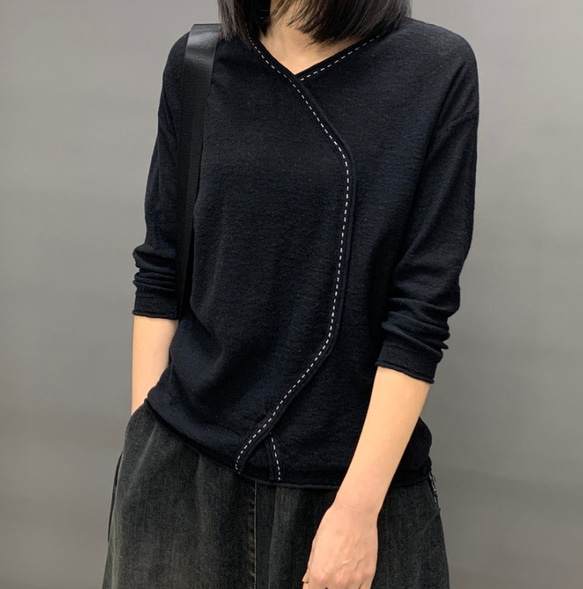 春セーターTシャツ 亜麻 プルオーバーボトムスシャツ 七分袖 レトロ セーター ニット レディース トップス 通学 通勤 2枚目の画像