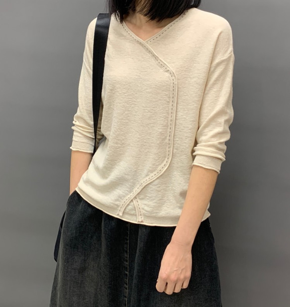 春セーターTシャツ 亜麻 プルオーバーボトムスシャツ 七分袖 レトロ セーター ニット レディース トップス 通学 通勤 3枚目の画像