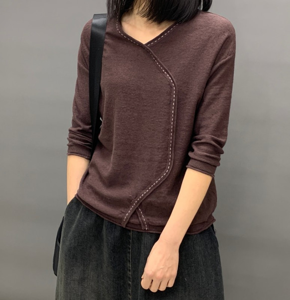 セーターTシャツ 亜麻 プルオーバーボトムスシャツ 七分袖 レトロ セーター ニット レディース トップス 通学 通勤 4枚目の画像