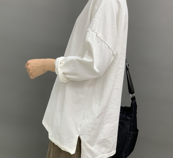 春秋 長袖Tシャツ ラウンドネックプルオーバーTシャツ ミッドレングスの厚手 レディース トップス コットン 8枚目の画像