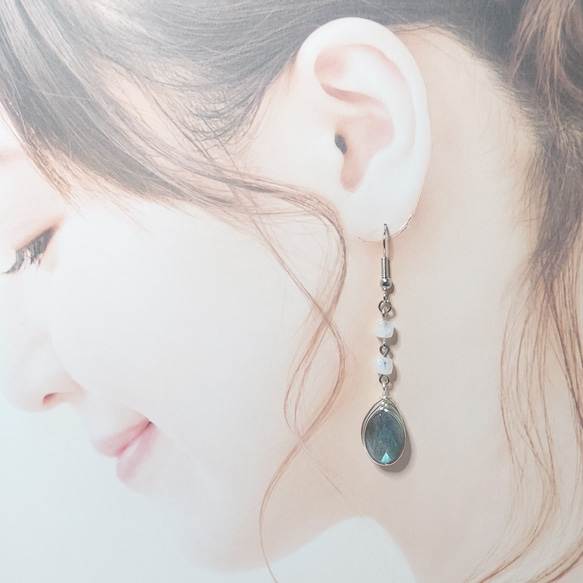 【pierce/earring】ラブラドライト × ムーンストーン   フックピアス  □天然石 4枚目の画像
