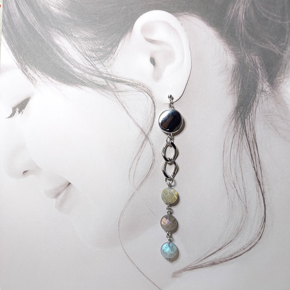 【pierce/earring】“カラフルシラー”  ラブラドライト   ロングピアス  □天然石 5枚目の画像
