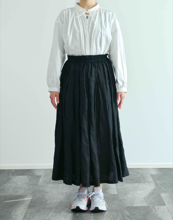 《受注製作》黒リネン100 %ギャザーたっぷりスカート　両ポケット選択で送料無料 3枚目の画像
