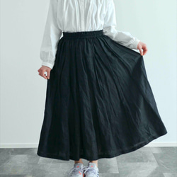 《受注製作》黒リネン100 %ギャザーたっぷりスカート　両ポケット選択で送料無料 4枚目の画像