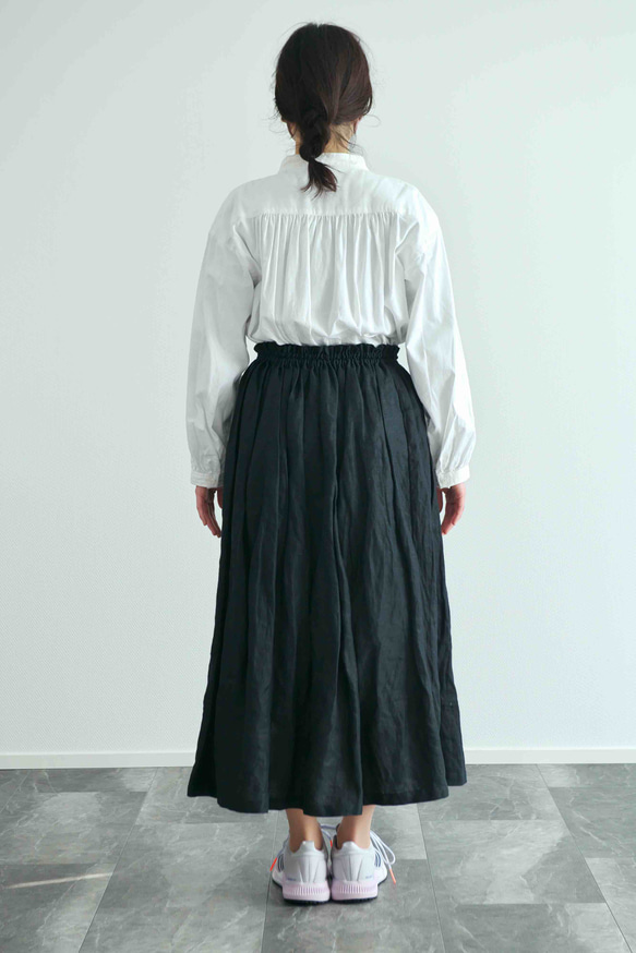 《受注製作》黒リネン100 %ギャザーたっぷりスカート　両ポケット選択で送料無料 5枚目の画像