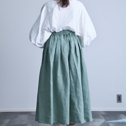 《受注製作》スモーキーうぐいすリネン100%ギャザーたっぷりスカート　両ポケット選択で送料無料 5枚目の画像
