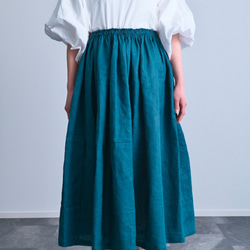 《受注製作》ビリジアングリーンリネン100%ギャザーたっぷりスカート　両ポケット付選択で送料無料 2枚目の画像