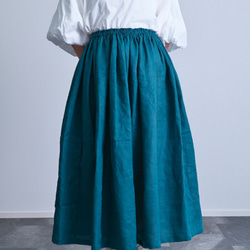 《受注製作》ビリジアングリーンリネン100%ギャザーたっぷりスカート　両ポケット付選択で送料無料 5枚目の画像