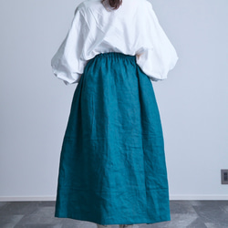 《受注製作》ビリジアングリーンリネン100%ギャザーたっぷりスカート　両ポケット付選択で送料無料 6枚目の画像
