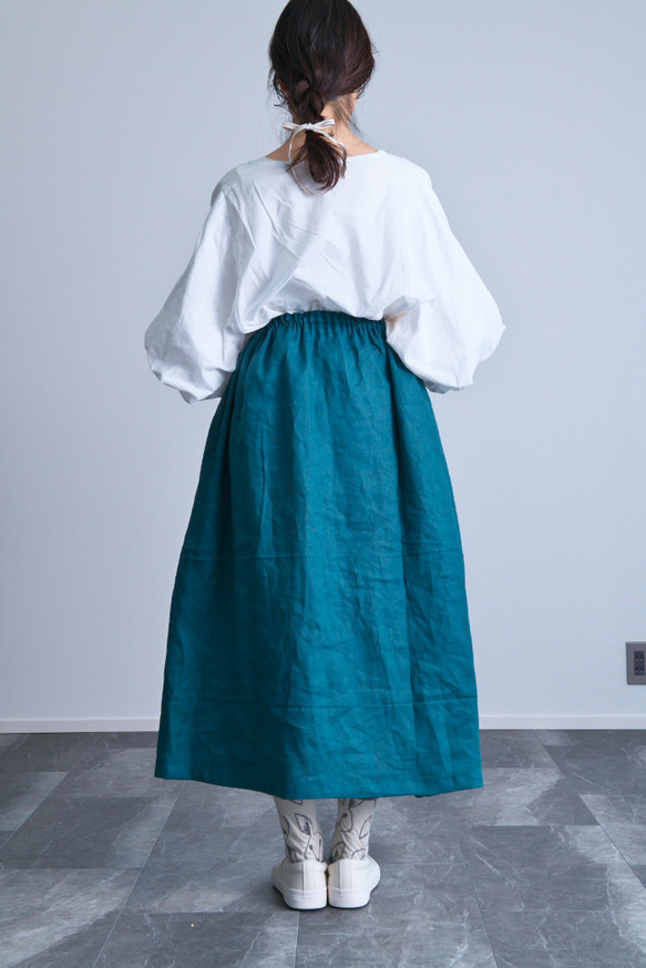 《受注製作》ビリジアングリーンリネン100%ギャザーたっぷりスカート　両ポケット付選択で送料無料 6枚目の画像