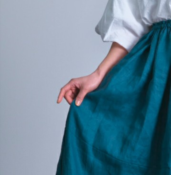 《受注製作》ビリジアングリーンリネン100%ギャザーたっぷりスカート　両ポケット付選択で送料無料 7枚目の画像