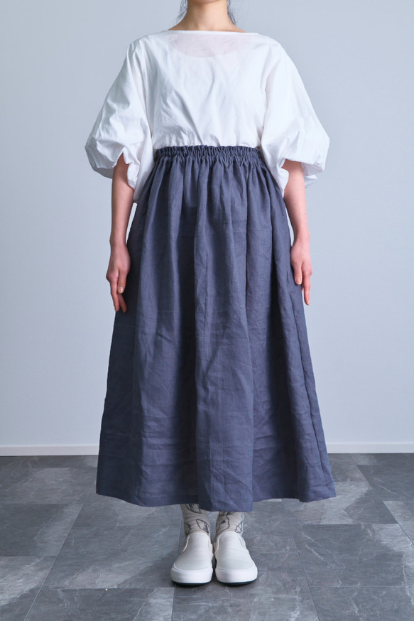 《受注製作》ブルーグレーリネン100%ギャザーたっぷりスカート 2枚目の画像
