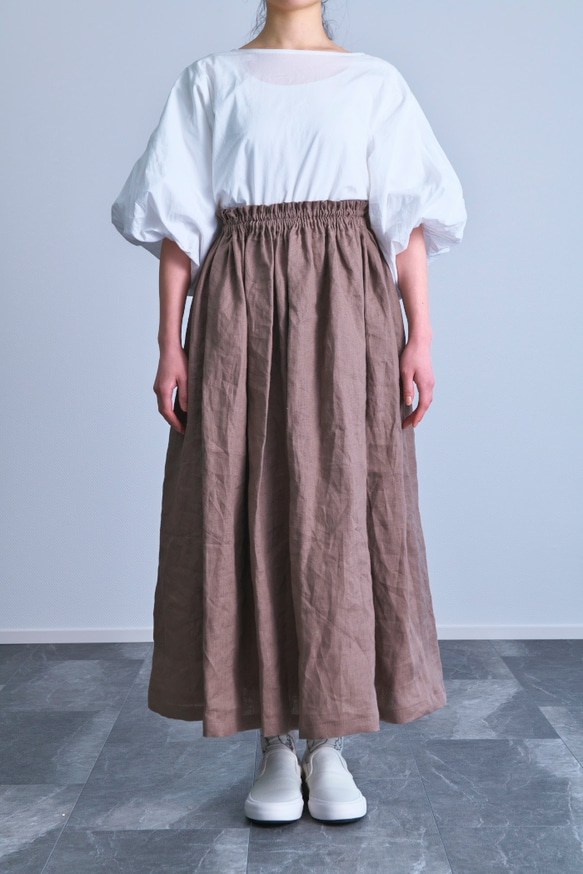 《受注製作》ブラウン100%ギャザーたっぷりスカート　両ポケット選択で送料無料！ 2枚目の画像