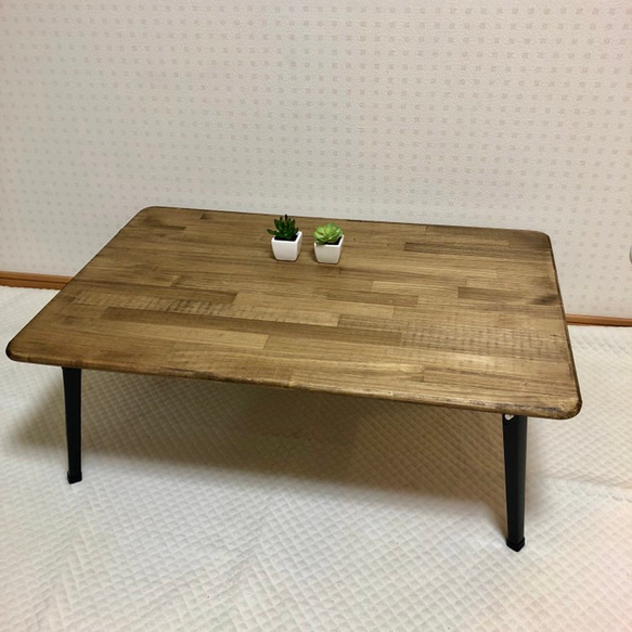 杉無垢材の折りたたみテーブル【ハンドメイド家具】　角・側面丸面加工 角丸/側面は面取り加工済み】アンティーク風・折りたたみ式 ロー