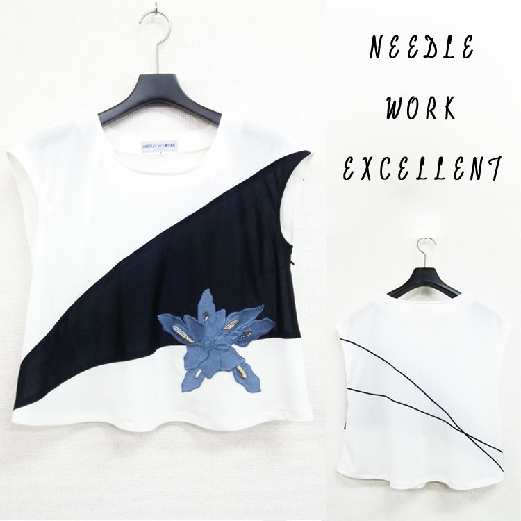 フレンチスリーブＴブラウス　斜め　生成×黒×ブルー