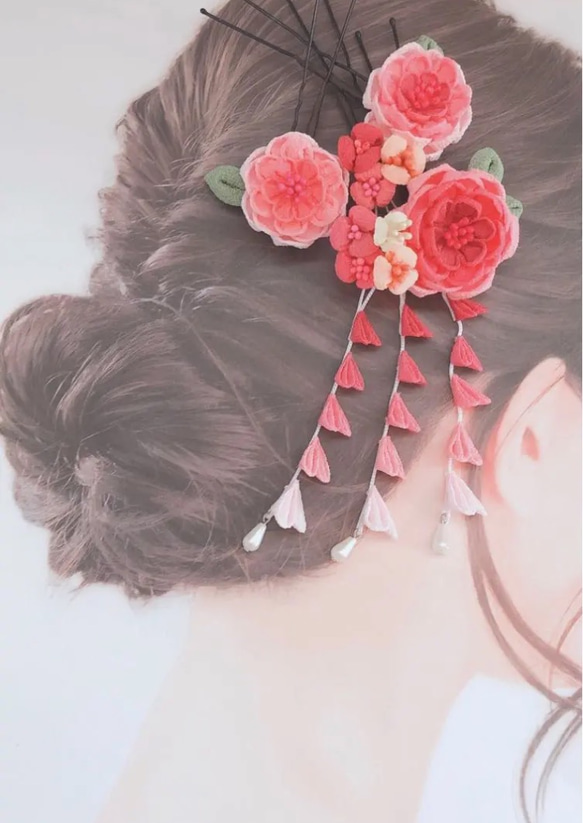 つまみ細工髪飾り 布花ヘアアクセ 薔薇 バラ ばら 振袖前撮り 晴れ着 着物 十三詣り 十三参り 七五三 子供 キッズ 8枚目の画像