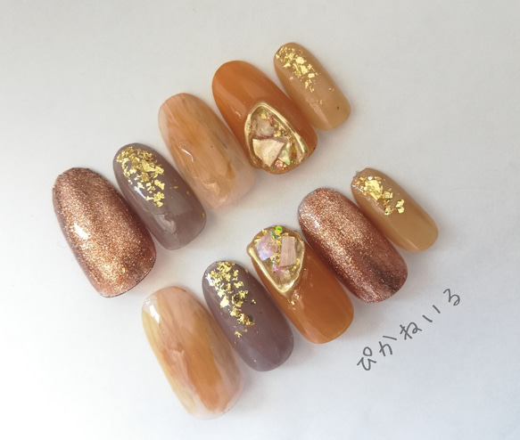ブラウン×ニュアンス♡秋冬ネイル ネイルチップ（つけ爪） ぴか