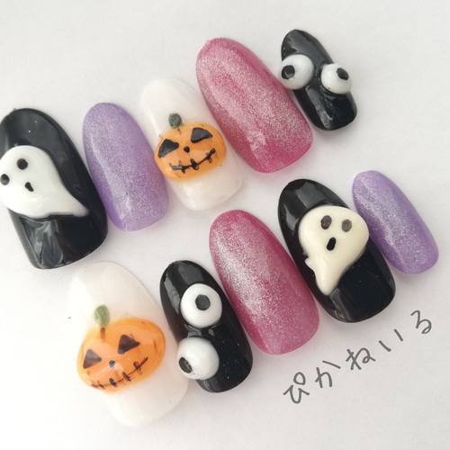 ハロウィン♡おばけカボチャ,マグネットネイル ネイルチップ（つけ爪