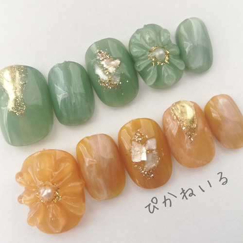 抹茶×オレンジブラウン♡ぷっくりお花ネイル ネイルチップ（つけ爪