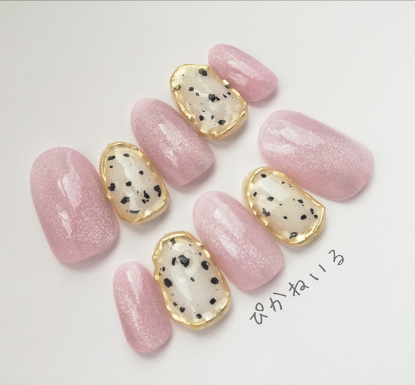 ダルメシアンピンク ネイルチップ ピンクマグネット×ダルメシアン♡秋冬ネイル ネイルチップ（つけ