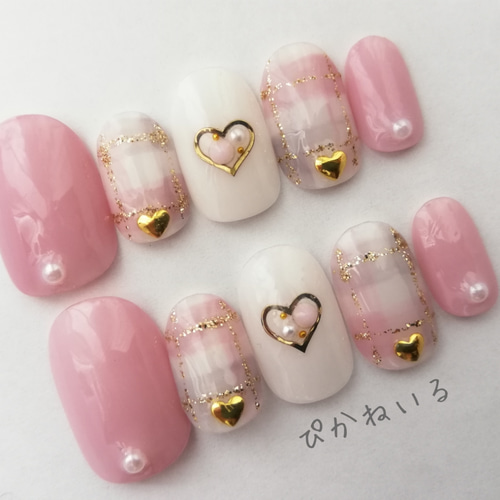 くすみピンク×チェック柄♡秋冬ネイル ネイルチップ（つけ爪） ぴかね