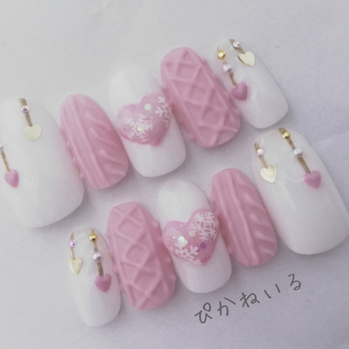 ♡ぷっくりハートのニットネイル♡ ネイルチップ　ハンドメイド ♡ぷっくりハートのニットネイル♡ ネイルチップハンドメイド