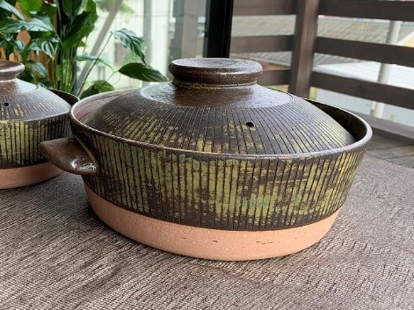 ストライプ土鍋(三人用)　8号　耐熱陶器 1枚目の画像