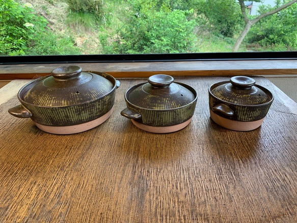 ストライプ土鍋(三人用)　8号　耐熱陶器 2枚目の画像