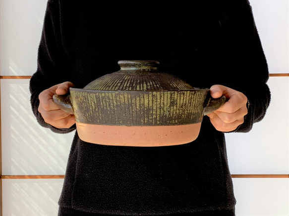 ストライプ土鍋(三人用)　8号　耐熱陶器 5枚目の画像