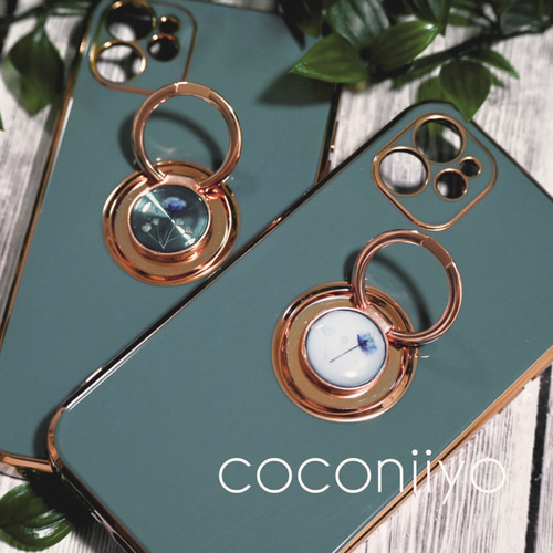 iPhoneケース スマホケース イニシャル入れ可 リング付き 押し花