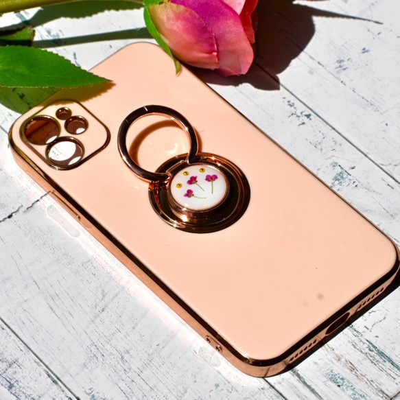 iPhoneケース　スマホケース　イニシャル入れ可　リング付き　押し花　ドライフラワー　可愛い　ピンク　アリッサム 2枚目の画像